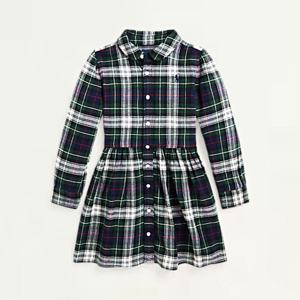Polo Ralph Lauren Girls Size 2 Green Tartan Plaid Cotton Long Sleeve Dress